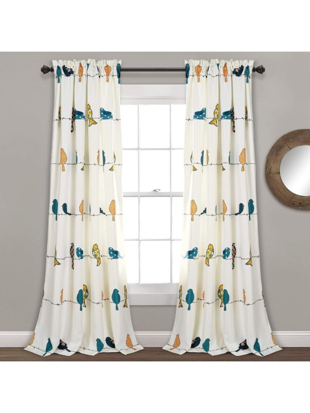 Colorful Floral Bird Window Curtain Panels, Light Filtering, 52"x84", Whimsical